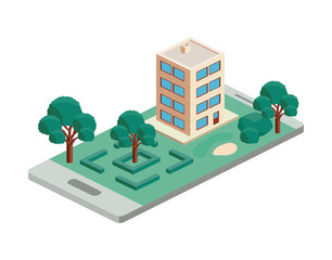 building and trees isometric scene on smartphone. Vector illustration