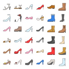 Woman fashion Shoes, high heel and boot icon set, filled outline