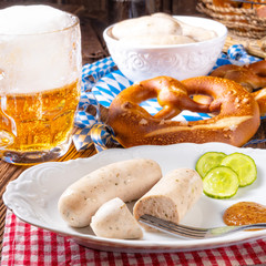 delicious bavarian oktoberfest white sausage with sweet mustard