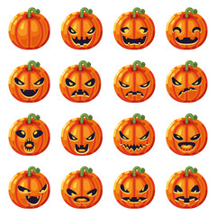 Halloween pumpkin decoration scary faces smile emoji icons set isolated flat design vector illustration