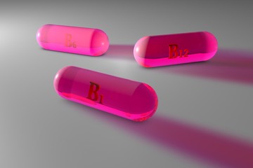 Transparent pink vitamin B1, B6, B12 capsules. Vitamin and mineral complex. 3d illustration