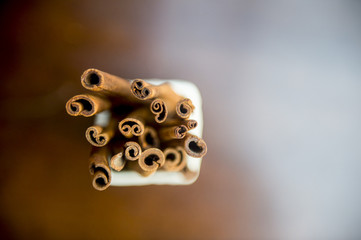 Cinnamon sticks on wooden blur background