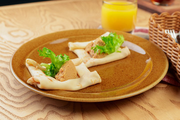 Russian pancakes healthy breakfast dish close up