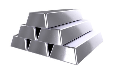 3D realistic render of pile silver bars. Isolated on white background.