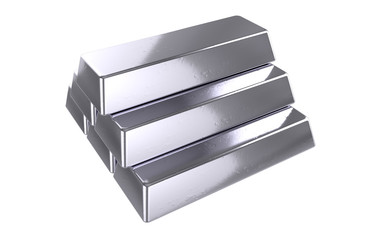 3D realistic render of pile silver bars. Isolated on white background.