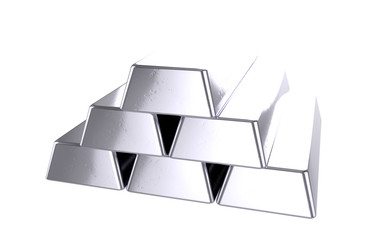 3D realistic render of pile silver bars. Isolated on white background.