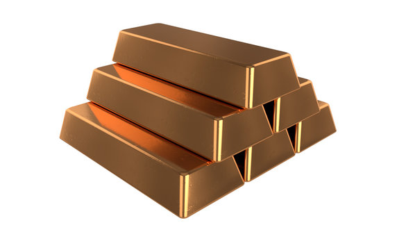 3D realistic render of pile bronz or copper bars. Isolated on white background.