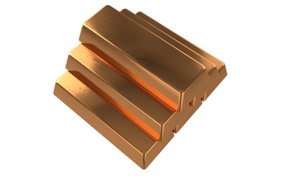 3D realistic render of pile bronz or copper bars. Isolated on white background.