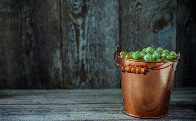 Yellow brass bucket with berry of green gooseberry stand in right side on vintage wood background. Horizontal shot