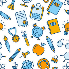 Back to school seamless outline pattern, icons of school supplies. Welcome back to school background. 