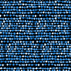 Seamless watercolour abstract pattern. Thin thread with small blue beads. Repeating texture with circles on black for fabric, textile, craft