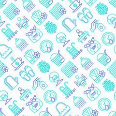 Spa & sauna seamless pattern with thin line icons: massage oil, towels, steam room, shower, soap, pail and ladle, hygrometer, swimming pool, herbal tea, birch, whisk, facial mask. Vector illustration.