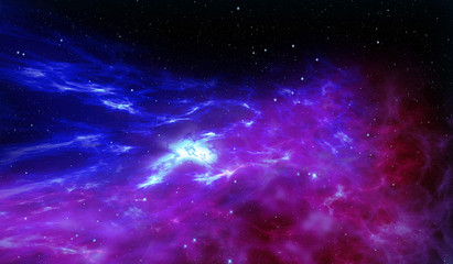 The cosmos with stars birth in nebula clouds. Galaxy abstract 3D illustration. Concept of space journey and exploration.