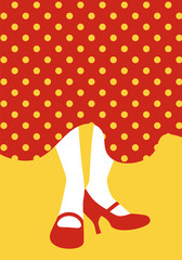Legs of flamenco dancer and typical Spanish polka dot dress. Spanish-style shoes tapping