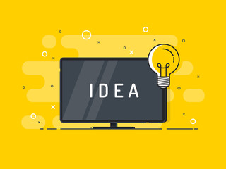 Idea concept with TV screen and light bulb. Trendy flat vector on yellow background. Vector Illustration.