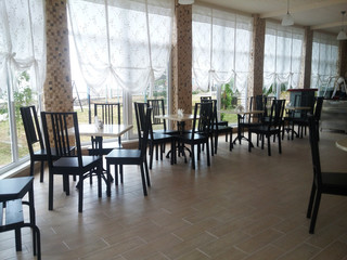 Hotel cafe interior with no people