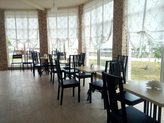Hotel cafe interior with no people