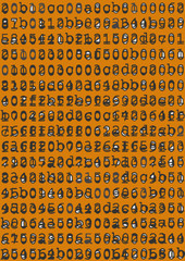 Orange background with Destroyed typewriter font letters.
Background with black overlapped and deformed typewriter font letters and numbers.Vector available.