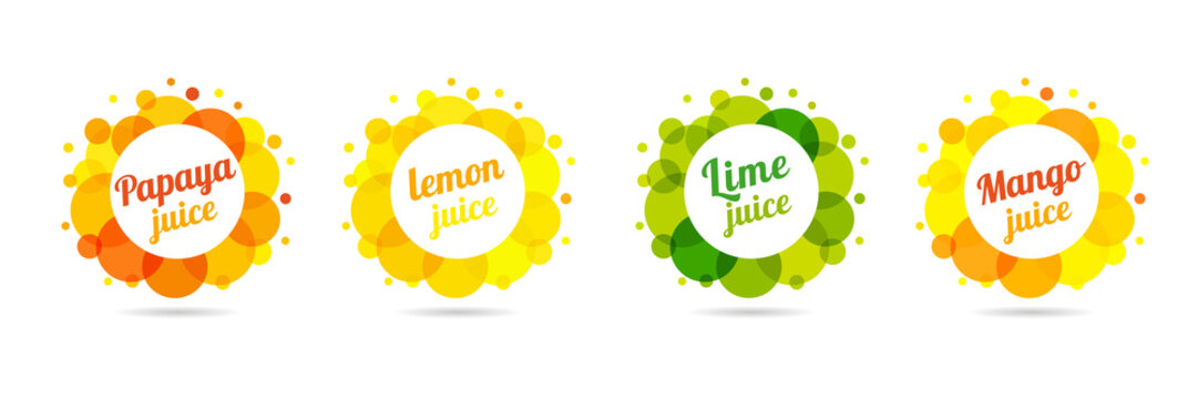 Fresh juice papaya, lemon, lime, mango in label splash set design. Orange, yellow and green drops bubbly logo on white background. Apple and orange juice design, creative vector illustration 