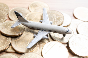 bitcoin with aeroplane.Business concept.