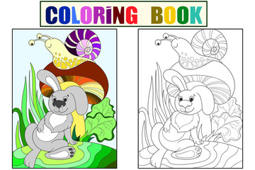 Childrens color and coloring cartoon animal friends in nature. Rabbit under a mushroom and snail