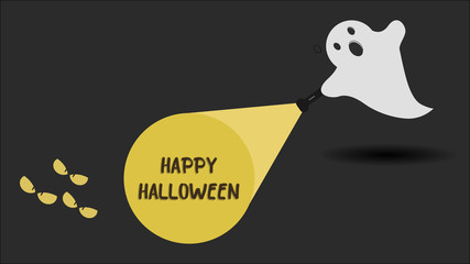 Cute ghost character just found the Happy Halloween message with his flashlight. Vector illustration.