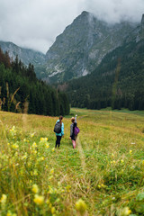 Two women friends hiking on the green meadow hills in beautiful Rysy mountains in Tatras, Poland and Slovakia