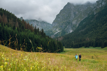 Fototapeta na wymiar Two friends hiking on green hills with beautiful view of Rysy mountains, Tatras, Poland, Slovakia
