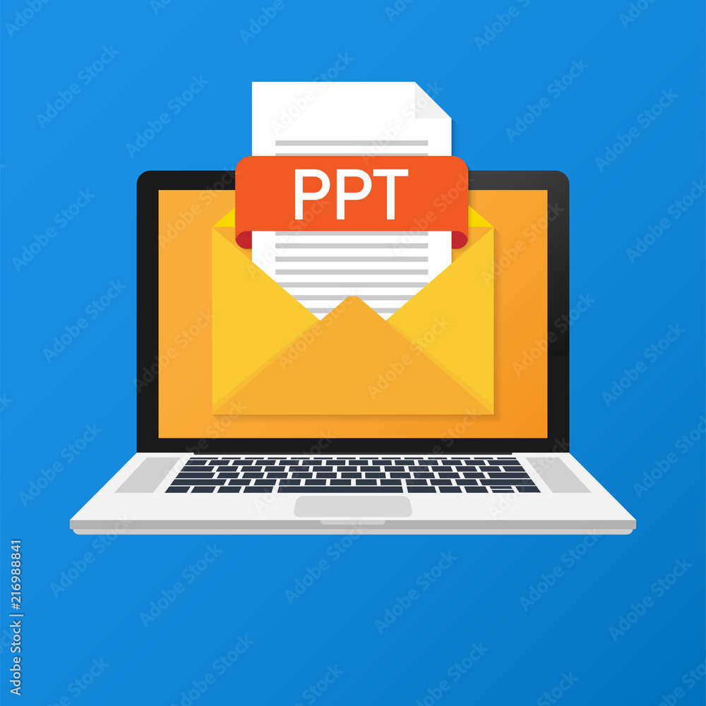 Poster laptop with envelope and ppt file. notebook and email with file attachment ppt document. vector illu