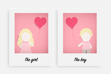 Cute girl and boy hold pink balloon
