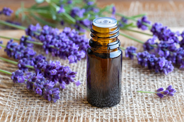 Obraz na płótnie Canvas A bottle of lavender essential oil with fresh lavender