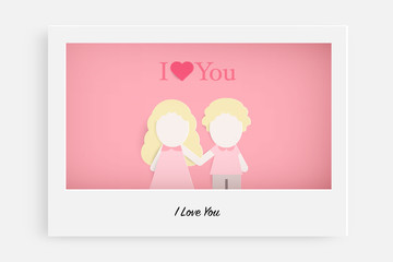 Cute couple in love on pink background and text I Love You