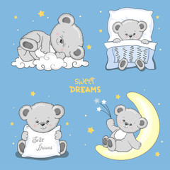 Sweet dreams set with cute sleeping Teddy Bears. Vector illustration for kids.