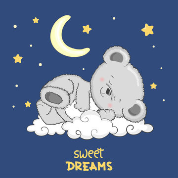 Cute Teddy Bear sleeping on the cloud. Sweet dreams vector illustration.  Stock Vector | Adobe Stock