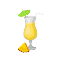 Glass of pina colada cocktail with umbrella and drinking straw, small triangle piece of pineapple. Delicious alcoholic drink. Flat vector icon
