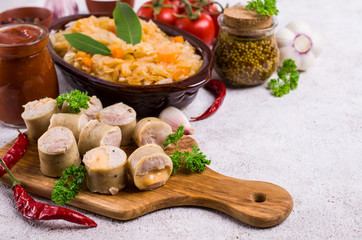 Slices of natural sausages with cheese