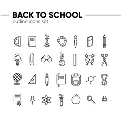 Back to school icons outline set, icons of school supplies. Welcome back to school badge. 
