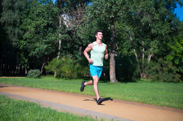 His best speed. Man jogger run in park sunny day nature background. Man training, prepare his body...