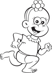 Black and white illustration of a baby girl running.