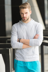 Sport is the way of his life. Guy bearded and attractive cares about appearance. Man with bristle...