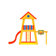 Kids playground in house shape with plastic slide, ladder and basketball hoop. Element for outdoor children games. Flat vector design