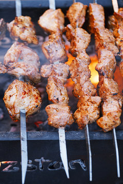 meat kebab shashlik on skewers  and grill