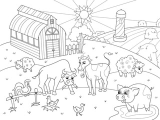 Farm animals and rural landscape coloring raster for adults