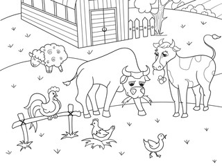 Farm animals and rural landscape coloring raster for adults