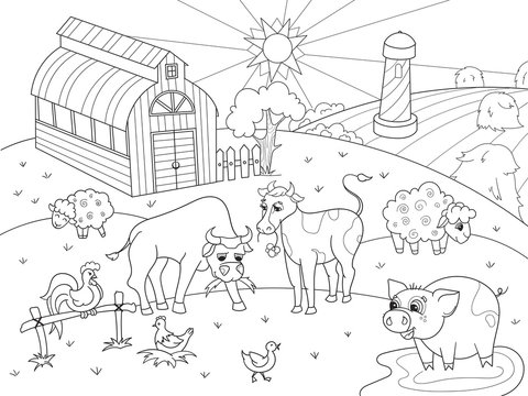 Farm animals and rural landscape coloring raster for adults