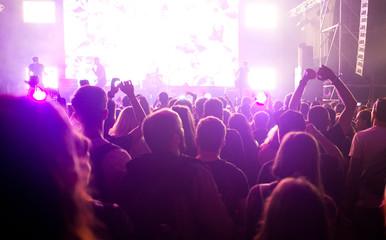 cheering crowd with raised hands at concert - music festival