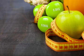 Food for diet and dumbbells