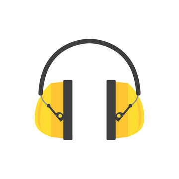 Protective ear muffs. Yellow headphones for construction worker. Professional equipment for hearing safety. Flat vector design