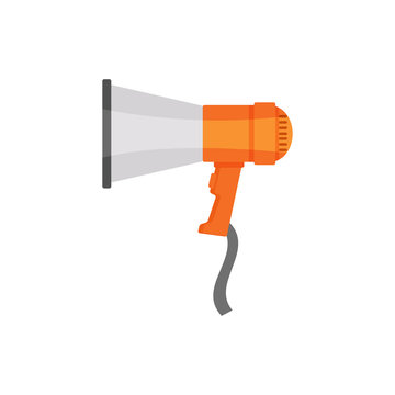 Flat vector design of gray-orange loudspeaker. Stereo equipment. Cartoon icon of megaphone
