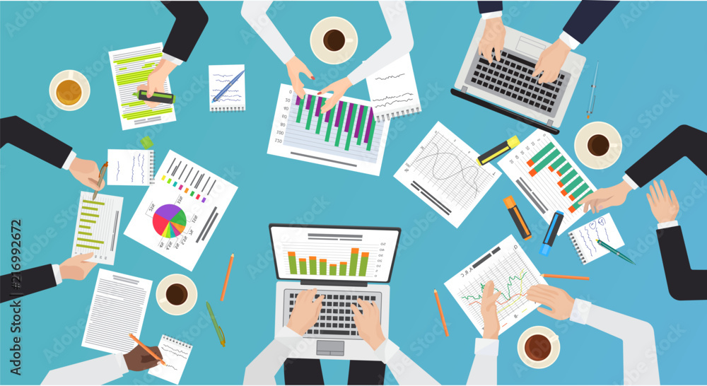 Poster team work concept. top office desk view of brainstorming, business meeting. hands with documents and